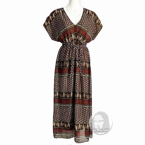Passport Maxi Dress Angel Sleeves Paisley Print Tie Waist Boho Hippie Size M - Picture 1 of 8